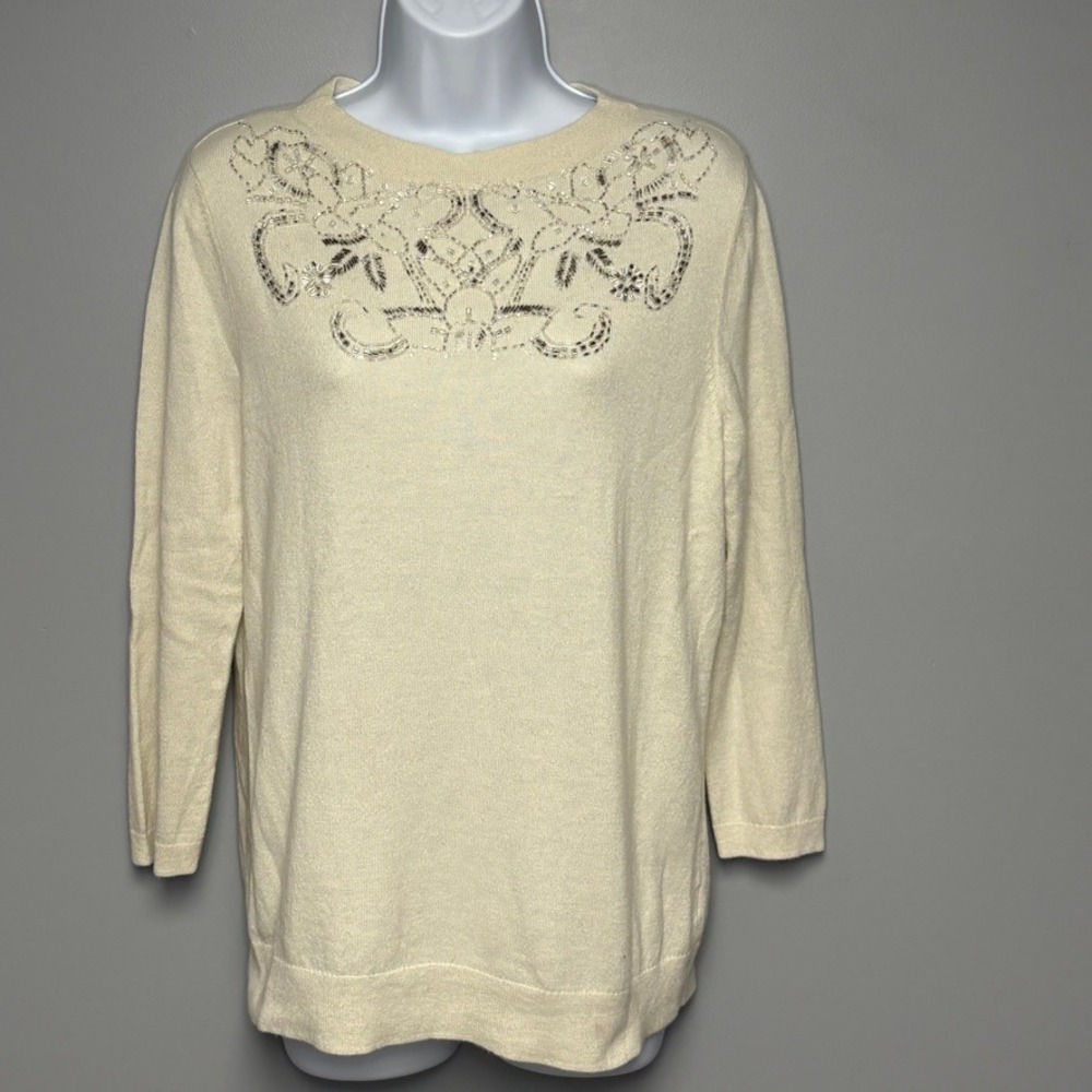 Talbots Ivory Silver Beaded Feminine Wool Blend Neutral Cozy Sweater Womens Sz M